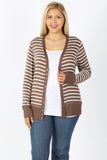 Striped Snap Up Cardigan - Plus Size - Mocha / Ivory