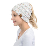 C.C. MESSY BUN PONYTAIL BEANIE - MARLED KNIT CONFETTI KNIT