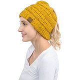 C.C. MESSY BUN PONYTAIL BEANIE - MARLED KNIT CONFETTI KNIT