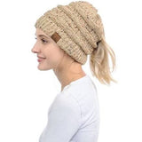 C.C. MESSY BUN PONYTAIL BEANIE - MARLED KNIT CONFETTI KNIT
