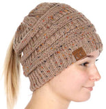 C.C. MESSY BUN PONYTAIL BEANIE - MARLED KNIT CONFETTI KNIT