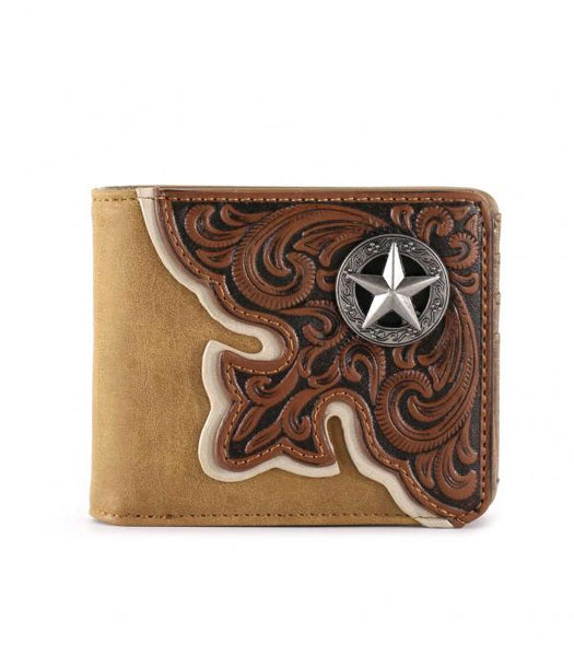 Montana West - Texas Star Concho - Embossed Floral Men's Bifold PU Leather Wallet