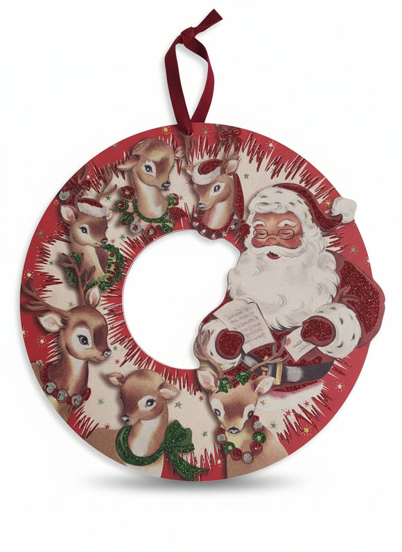 Primitives by Kathy Vintage Inspired Santa & his Reindeer Wooden Wreath
