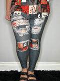 Black Denim Spooky Patch Leggings w/ Back Pockets