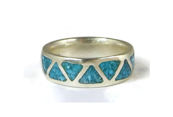 . 925 Sterling Silver Turquoise Chip Inlay Ring - Unisex