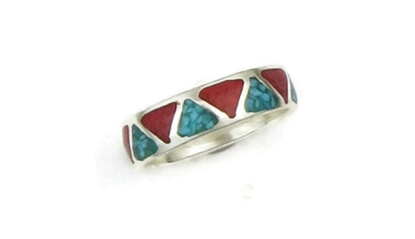. 925 Sterling Silver Turquoise & Coral Chip Inlay Ring