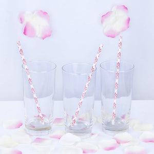 8" - 25 Pack White/Red Biodegradable - Floral Paper Drinking Straws