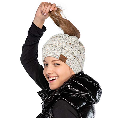 C.C. MESSY BUN PONYTAIL BEANIE - MARLED KNIT CONFETTI KNIT