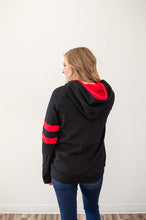 Load image into Gallery viewer, Black and Red Varsity Women&#39;s Double Hooded Sweatshirt
