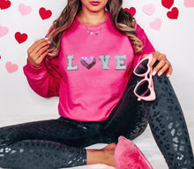 Load image into Gallery viewer, LOVE Chenille Patch Sweatshirt | Heliconia Pink
