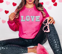 Load image into Gallery viewer, LOVE Chenille Patch Sweatshirt | Heliconia Pink
