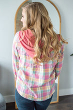 Load image into Gallery viewer, Model showing back view of hooded flannel shirt.
