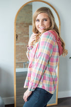 Load image into Gallery viewer, Side view of model wearing hooded flannel shirt.
