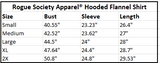 Size chart of hooded flannel shirt.