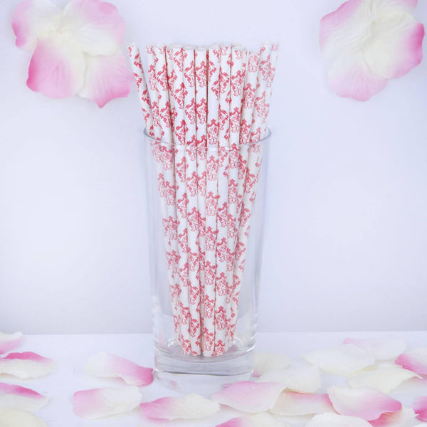 8" - 25 Pack White/Red Biodegradable - Floral Paper Drinking Straws