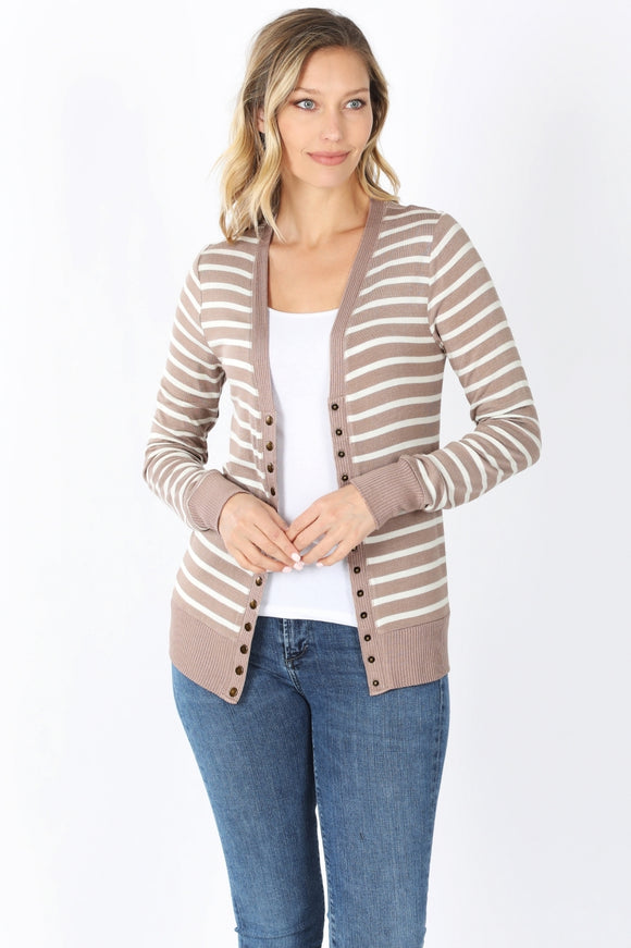 Striped Snap Up Cardigan - Regular - Ash Mocha / Ivory