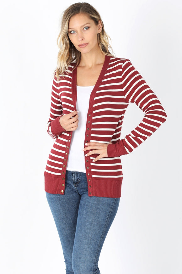 Striped Snap Up Cardigan - Regular - Brick / Ivory