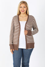 Load image into Gallery viewer, Striped Snap Up Cardigan - Plus Size - Mocha / Ivory
