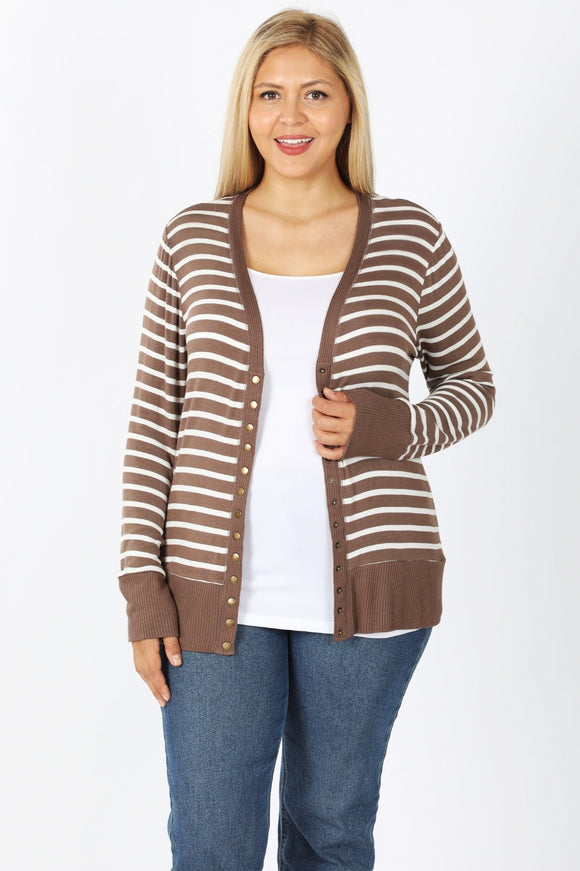 Striped Snap Up Cardigan - Plus Size - Mocha / Ivory