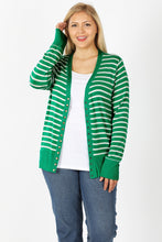 Load image into Gallery viewer, Striped Snap Up Cardigan - Plus Size - Kelly Green / Ivory
