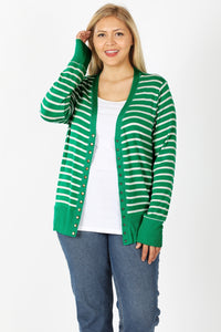 Striped Snap Up Cardigan - Plus Size - Kelly Green / Ivory