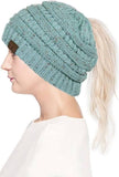 C.C. MESSY BUN PONYTAIL BEANIE - MARLED KNIT CONFETTI KNIT