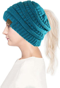 C.C. MESSY BUN PONYTAIL BEANIE - MARLED KNIT CONFETTI KNIT