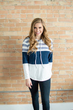 Load image into Gallery viewer, Model smiling showing front of striped hoodie.
