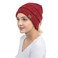 C.C. MESSY BUN PONYTAIL BEANIE - MARLED KNIT CONFETTI KNIT