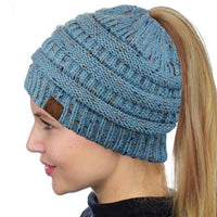 C.C. MESSY BUN PONYTAIL BEANIE - MARLED KNIT CONFETTI KNIT